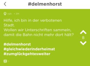Screenshot Jodel App, Delmenhorst bekommt seinen schlechten Ruf vermehrt über die anonyme App Jodel zu spüren